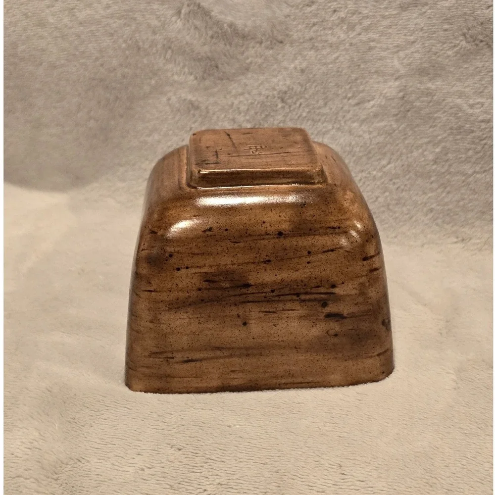 Vintage Embossed Peach Daisy Ceramic‎ Square Bowl Brown Rustic Kitchen Decor